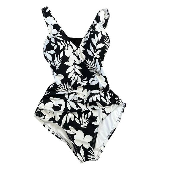 Lands End One Piece Floral Swimsuit Size Small UPF 50 Black White Beach Vacation - Picture 2 of 8
